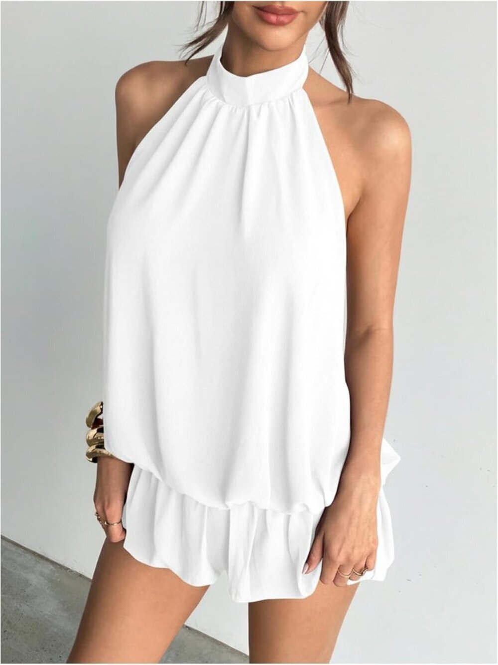 〽️Women's White Tie Open Back Sleeveless Ruffle Hem Polyester Halter Dress